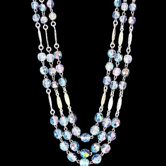 VINTAGE WEST GERMANY Signed Costume Necklace Aurora Borealis AB Crystal Faceted - Picture 1 of 14